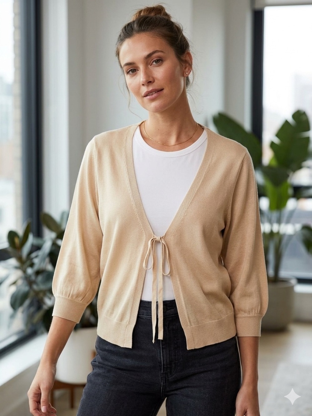 Tied Front Lightweight Women's Cardigan Sweater - Cream
